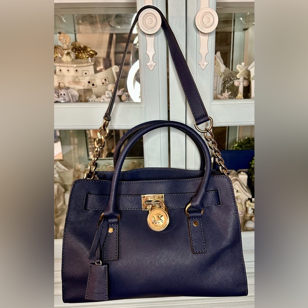 Michael Kors Dark Blue Hamilton Shoulder Bag with Gold Accents